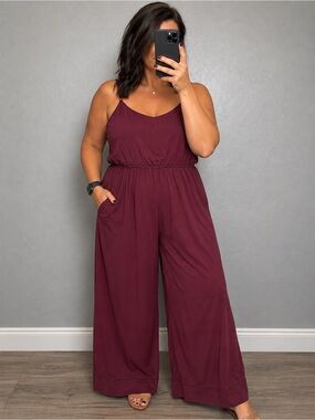 Vintage A.U.W Burgundy Wide Leg Jumpsuit XL Adjustable Straps Pockets